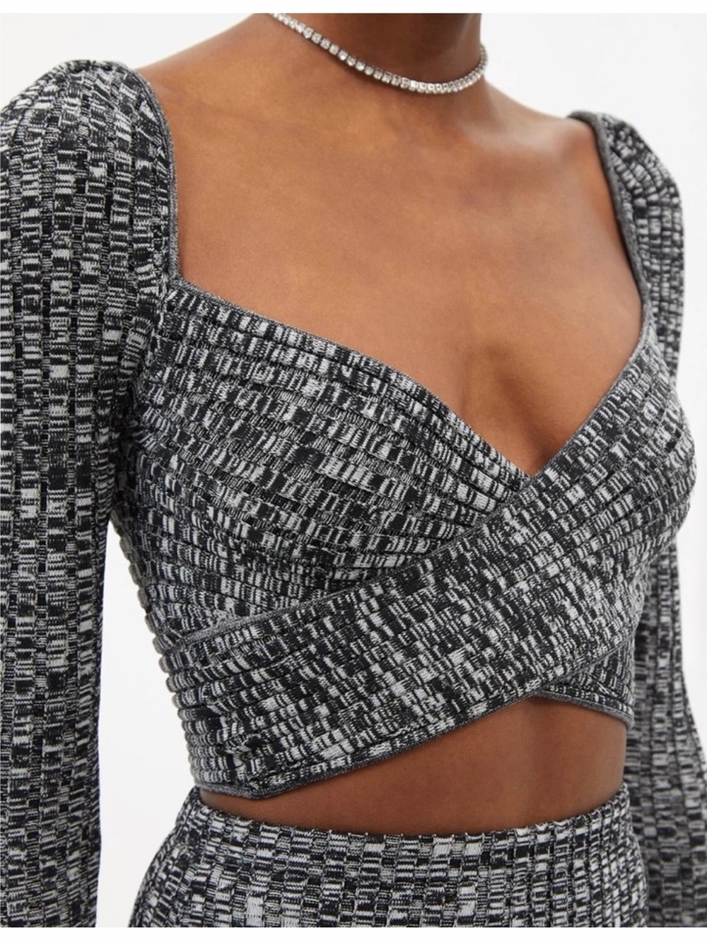 Self Portrait Crossover Ribbed Knit Long Sleeve Crop Top Size XL Black White